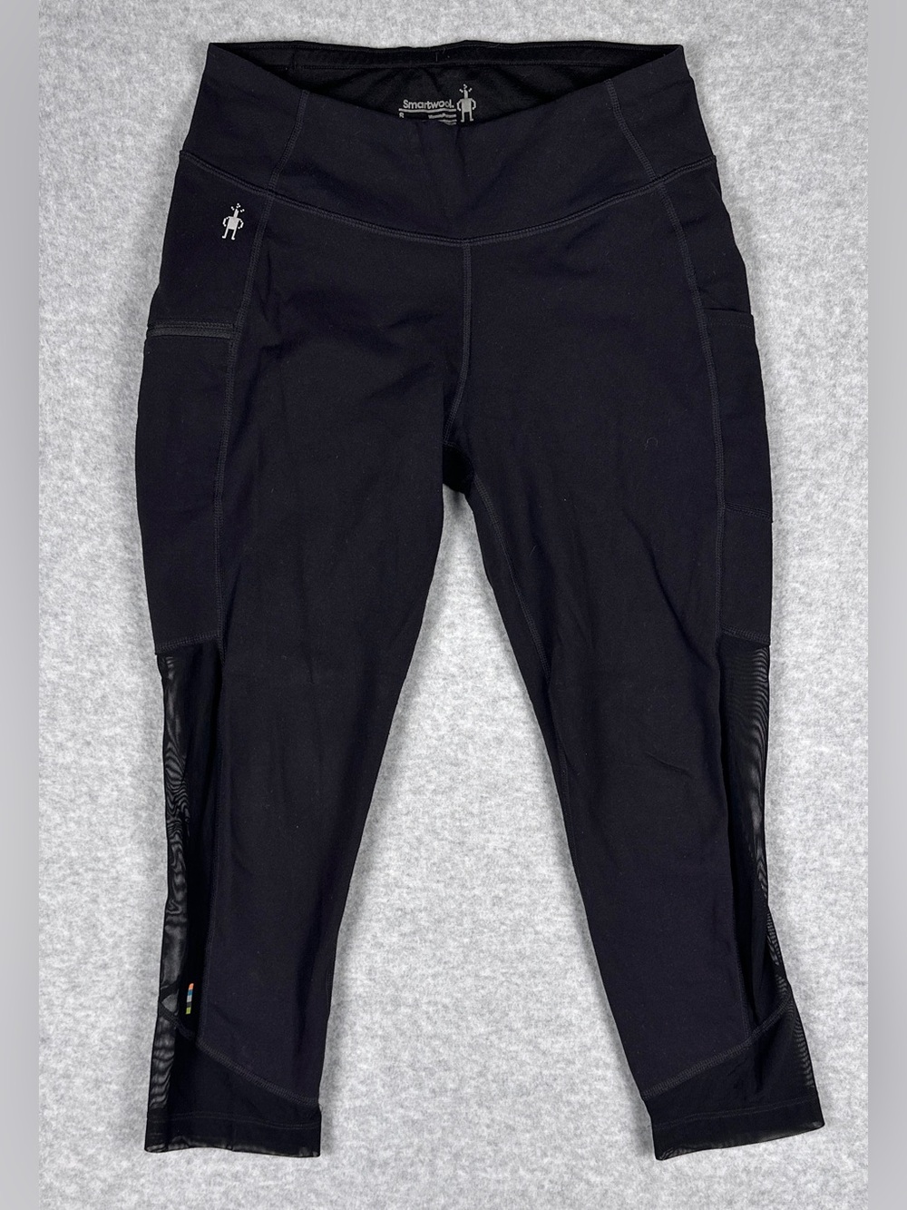 Smartwool Womens S Black Capri Leggings Mesh Running Hiking Zip Pocket
